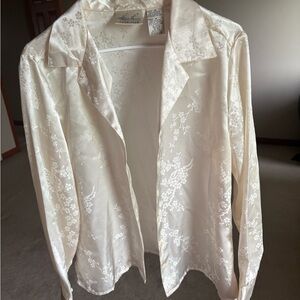 Kathie Lee Collection Ivory Satin Floral Open Blouse